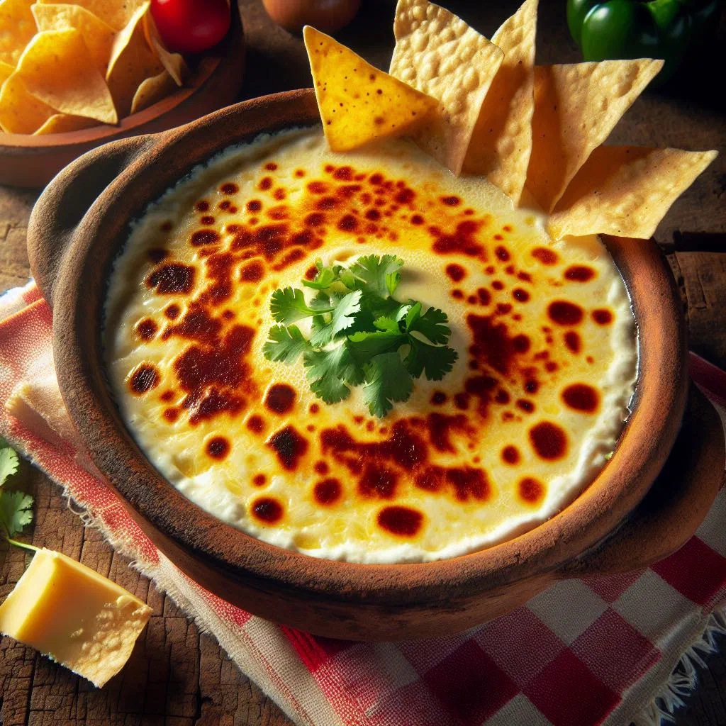 Bubbling melted cheese with peppers and onions served with warm tortillas