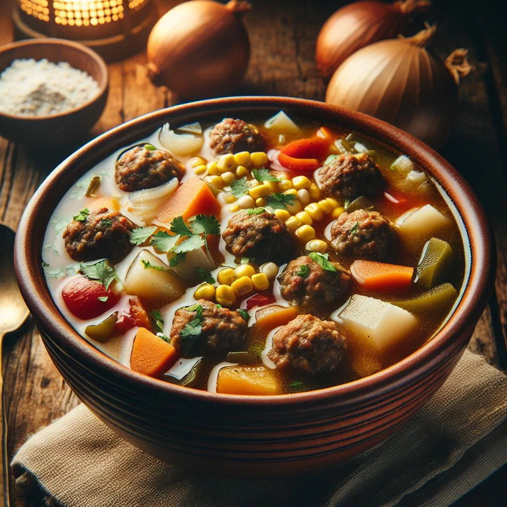 Bowl of Honduran meatball soup with vegetables and fresh coriander