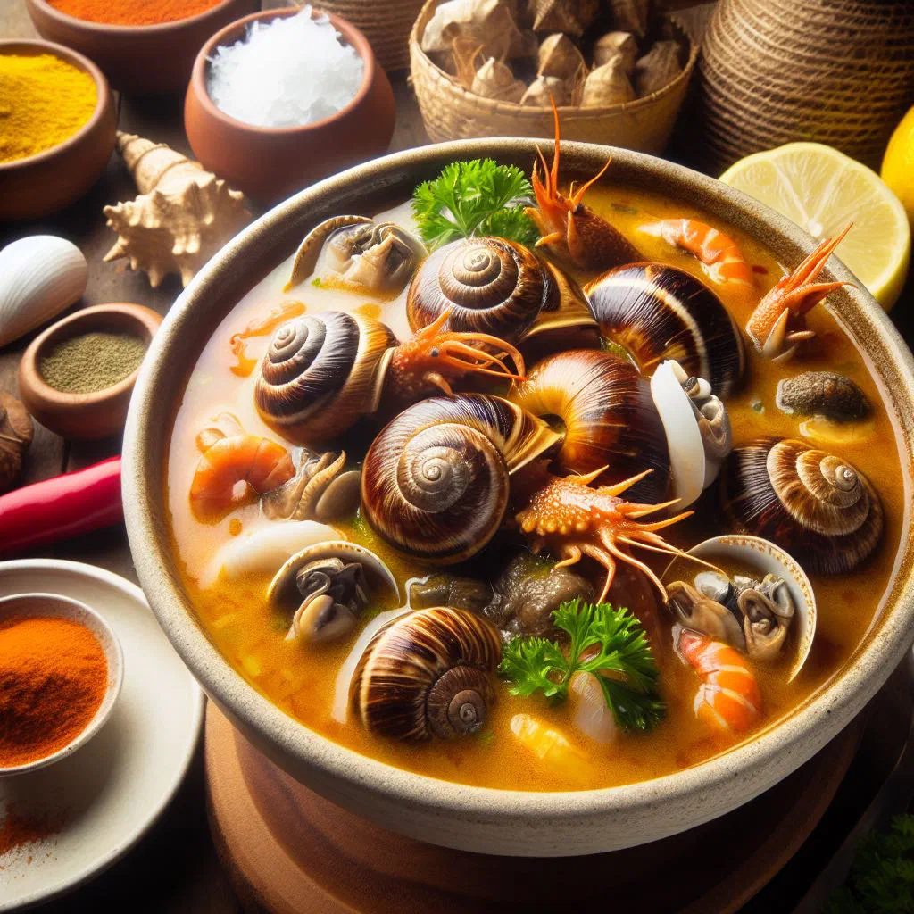 Bowl of Honduran sopa de caracol in a creamy coconut broth with fresh coriander