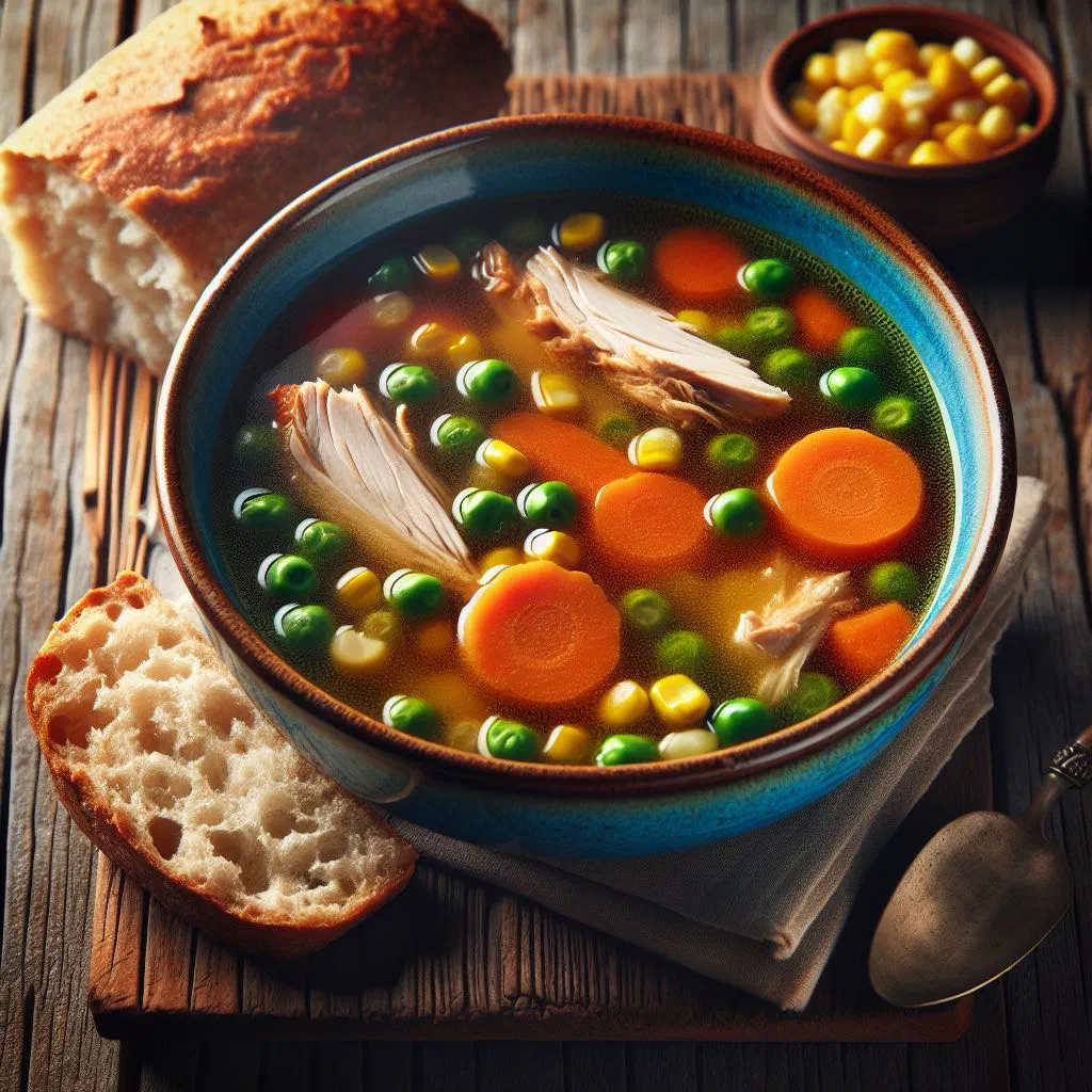 A steaming bowl of Honduran chicken soup garnished with fresh coriander and lime