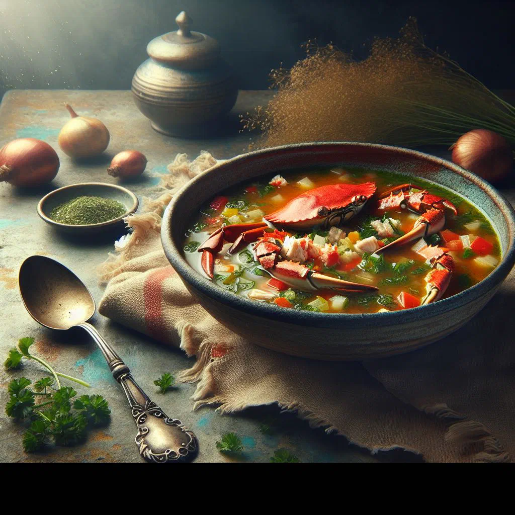 Bowl of Honduran crab soup garnished with fresh coriander and lime