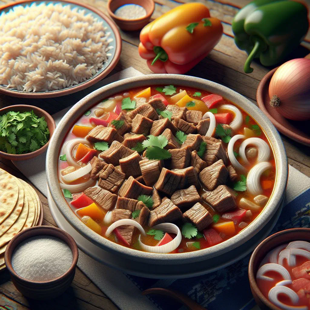 A hearty bowl of Honduran sopa de mondongo with tripe, beef and vegetables