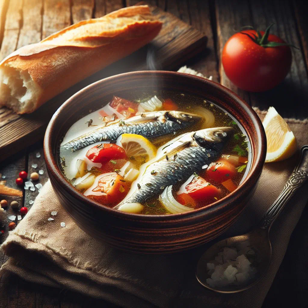 Bowl of Honduran fish soup with vegetables, fresh herbs and a wedge of lime