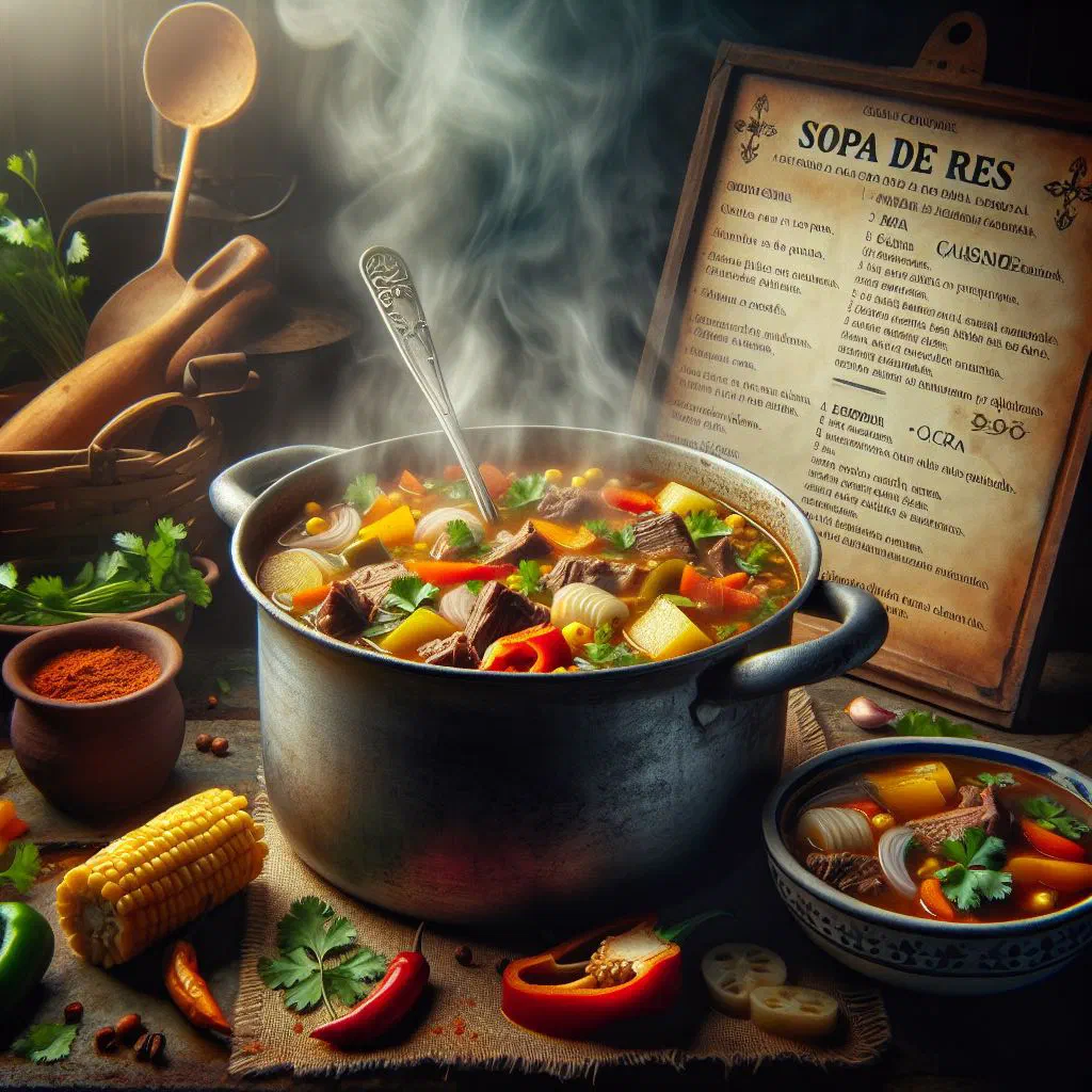 Bowl of Honduran sopa de res with beef, carrots and potatoes garnished with fresh coriander