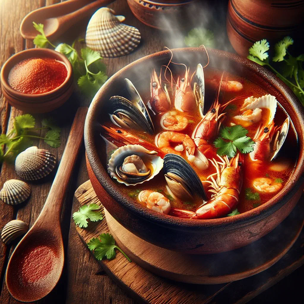 A bowl of Honduran sopa marinera with fish, prawns and mussels in a rich broth