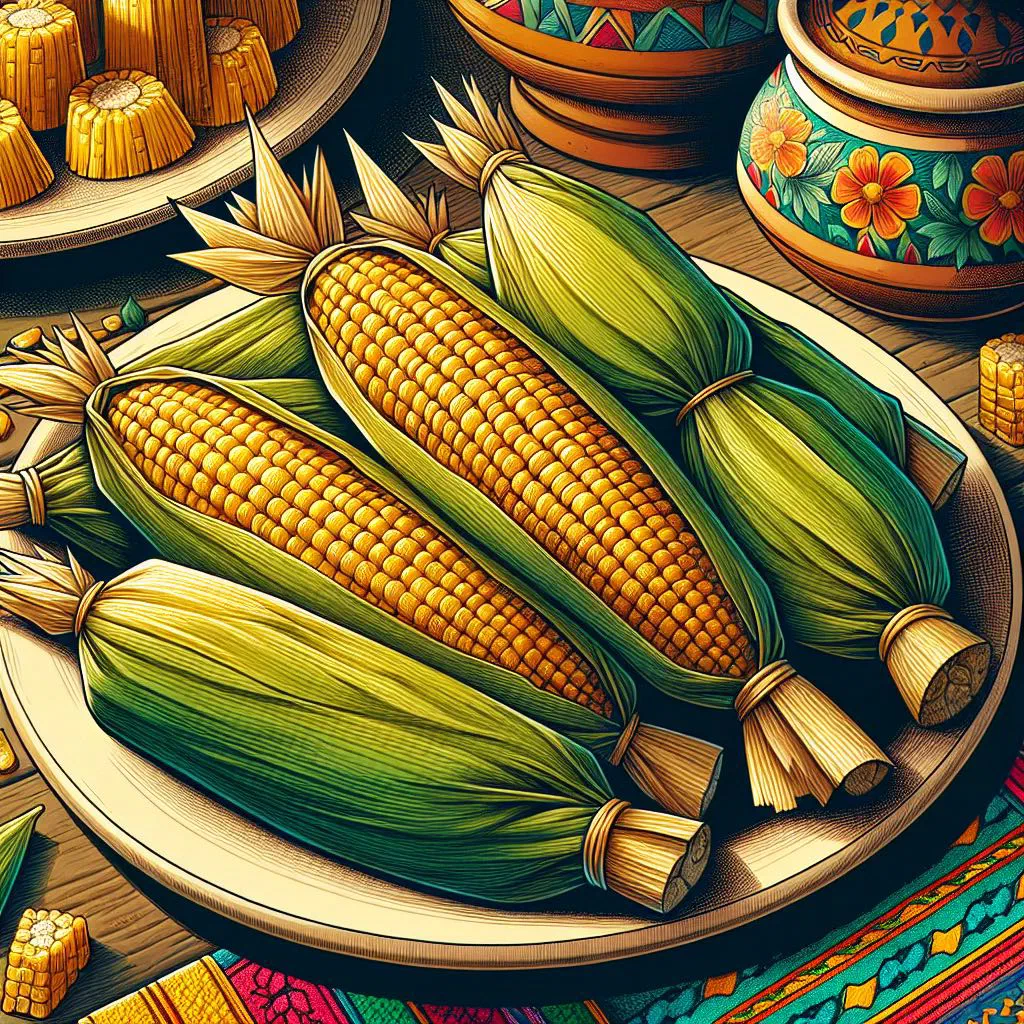 Steamed tamales de elote wrapped in corn husks on a plate