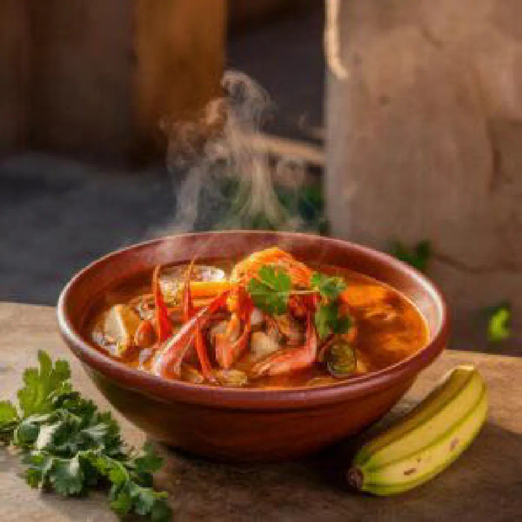 Bowl of Tapado Costeño with fish and seafood in a creamy coconut broth