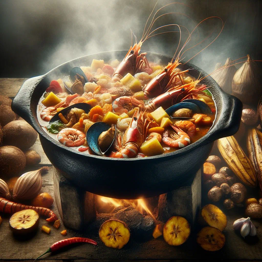 Bowl of Tapado Olanchano with fish and seafood in a creamy coconut broth