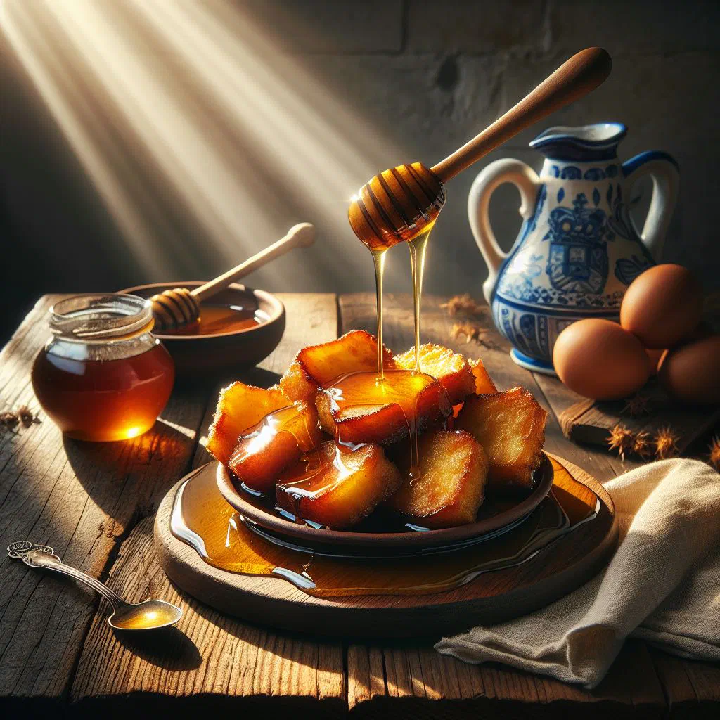 Golden fried torrejas drizzled with sugar syrup and dusted with cinnamon