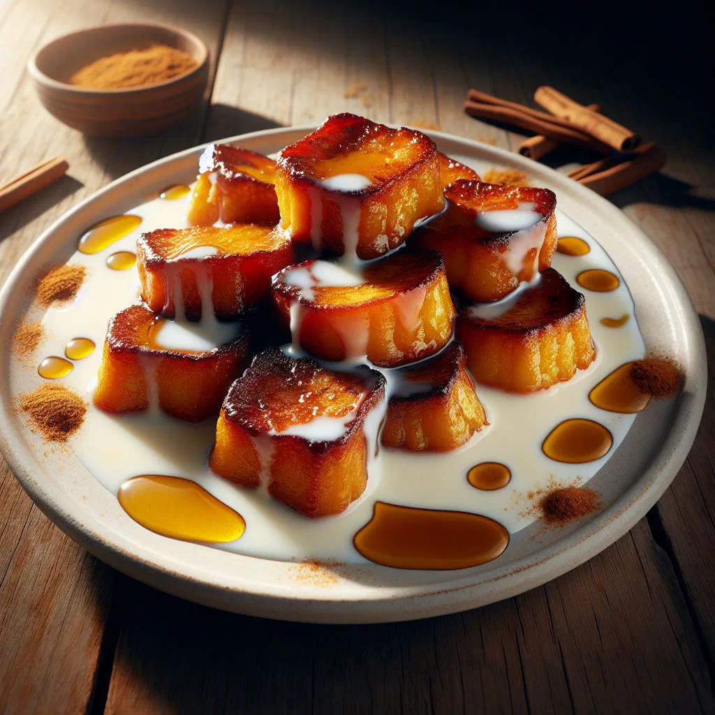 Golden slices of milk-soaked torrejas dusted with cinnamon and sugar