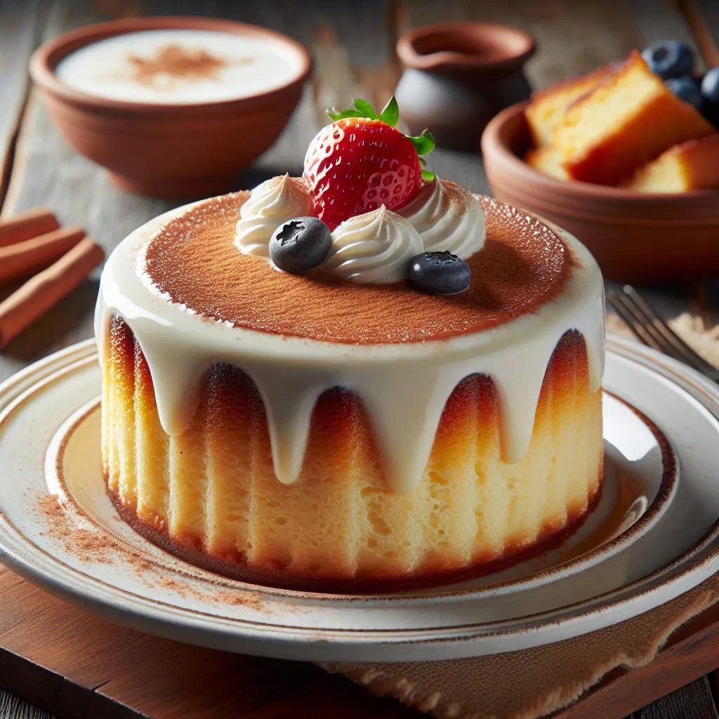 Slice of golden Honduran torta de leche milk cake on a plate