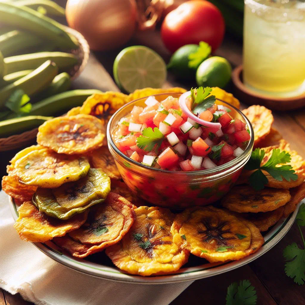 Crispy twice-fried green plantains with a spiced tomato sauce