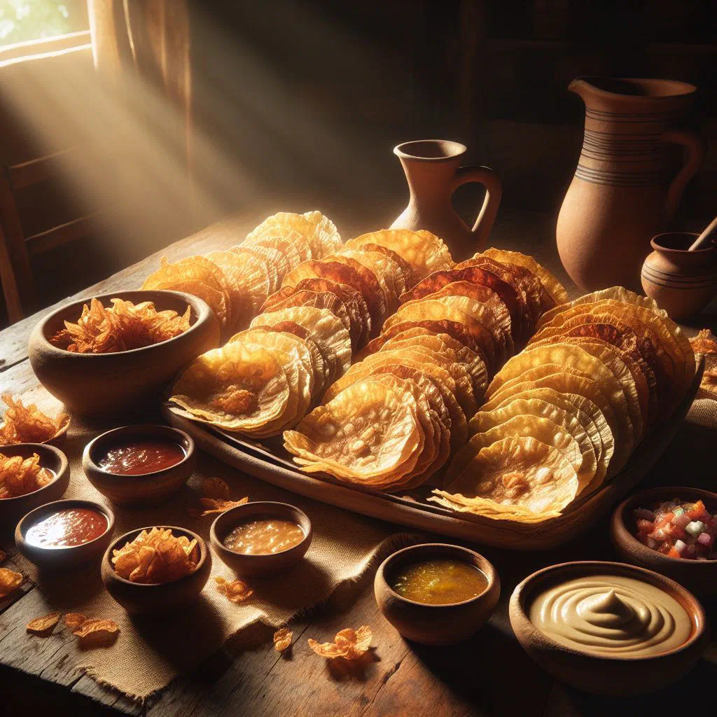 A bowl of crisp golden totopostes corn chips served with dips