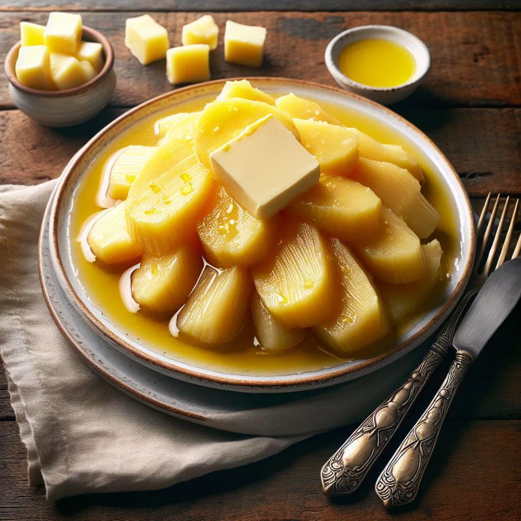 Boiled yuca pieces coated in a golden garlic butter sauce