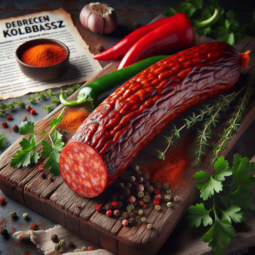 Sliced Debreceni kolbász pan-fried with onions and peppers