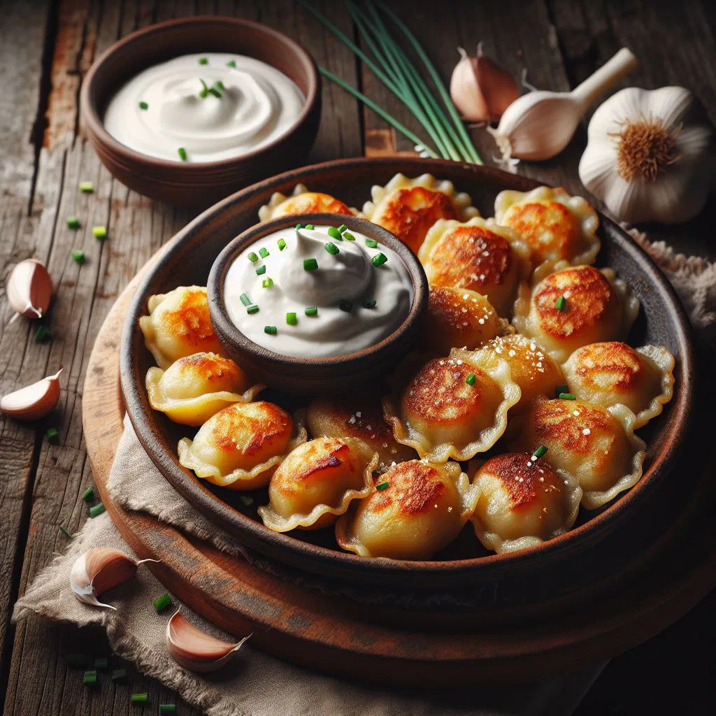 Golden Hungarian potato dumplings served with a spoonful of soured cream