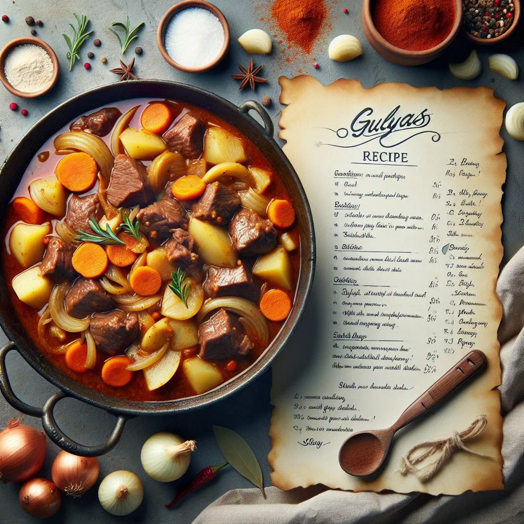 Hungarian gulyás soup with beef, potatoes and carrots in a deep bowl
