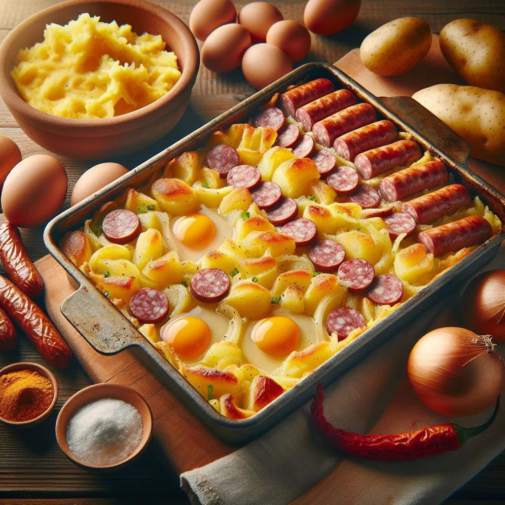 Layered Hungarian potato bake with minced meat, sliced eggs and a golden soured cream topping
