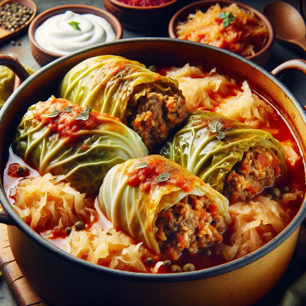 Hungarian stuffed cabbage rolls in tomato sauce in a baking dish