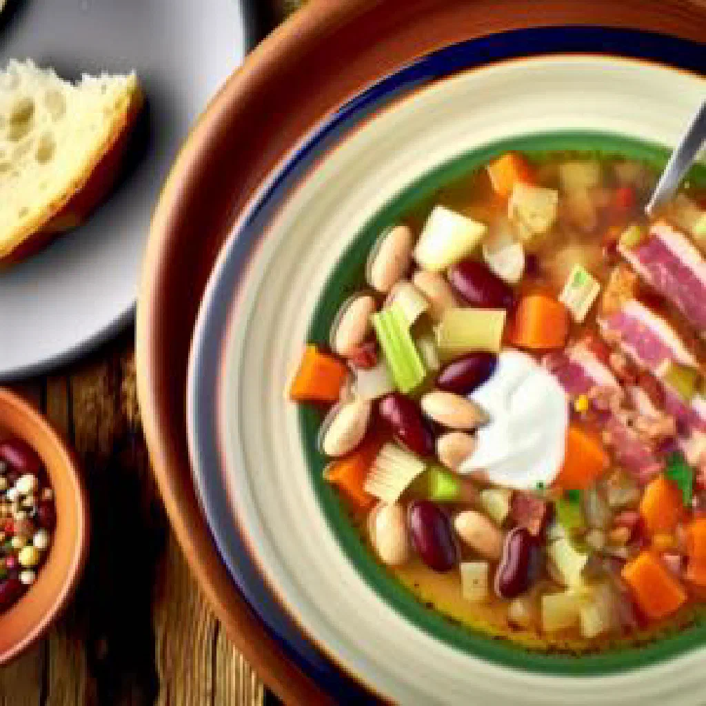 Bowl of Hungarian Jókai bean soup with smoked bacon, carrots and paprika