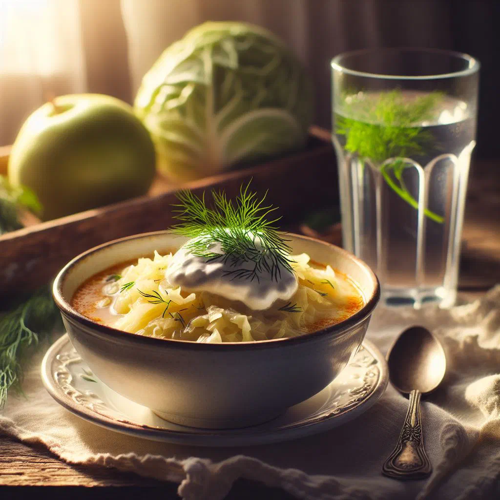 Creamy Hungarian cabbage stew in a deep bowl with fresh bread
