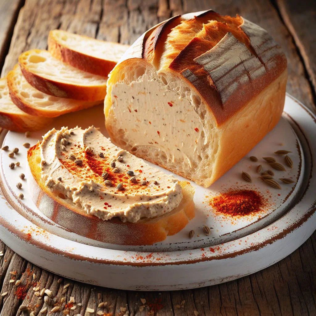 Bowl of creamy paprika curd spread with slices of fresh bread