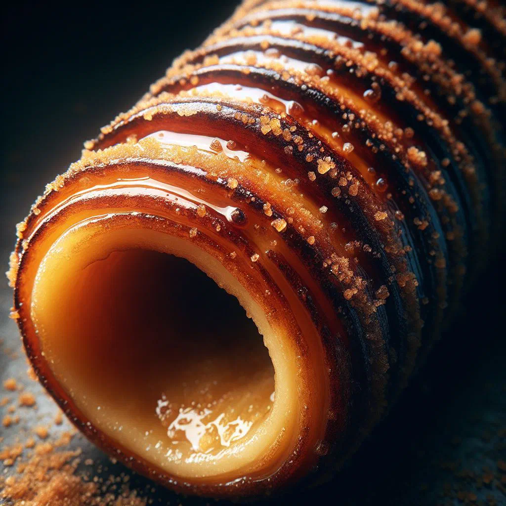 Golden chimney cake dusted with cinnamon sugar on a wooden board