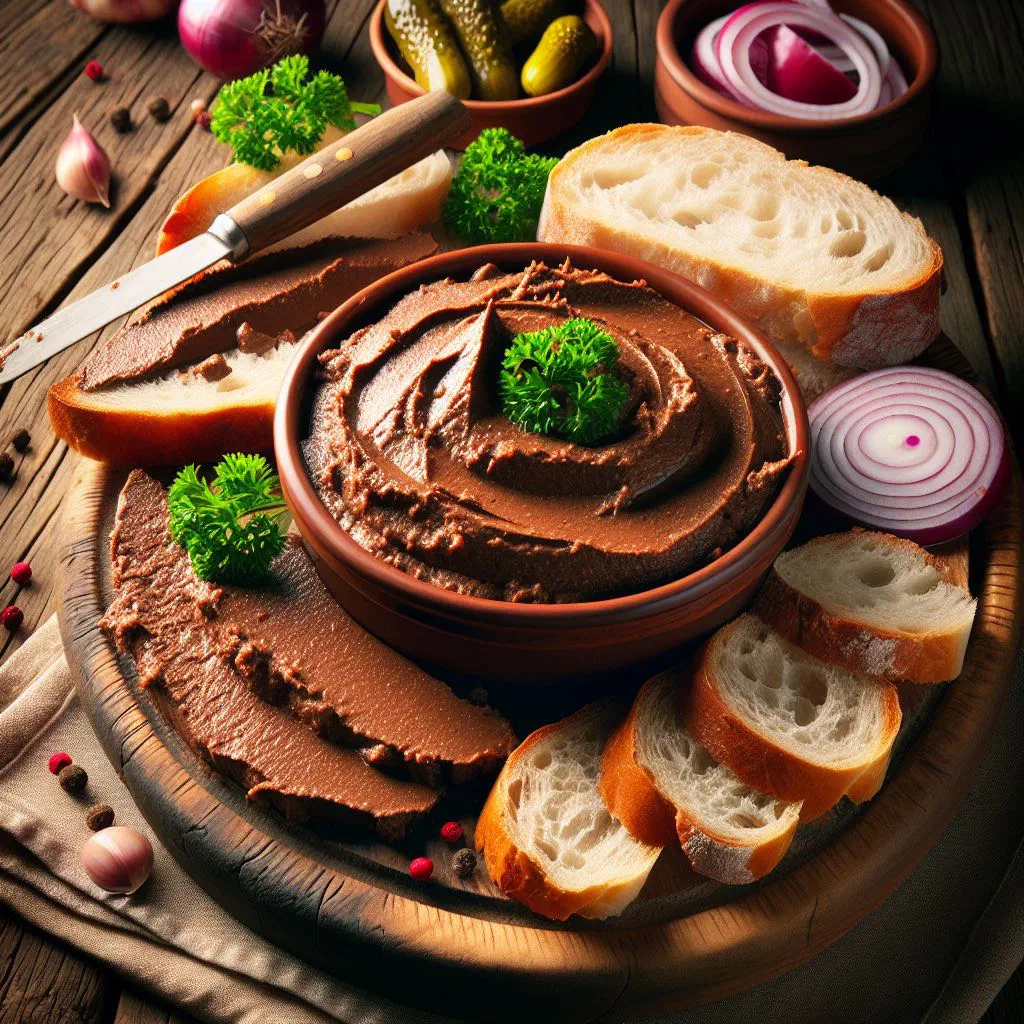Smooth Hungarian goose liver pâté in a small dish with slices of fresh baguette