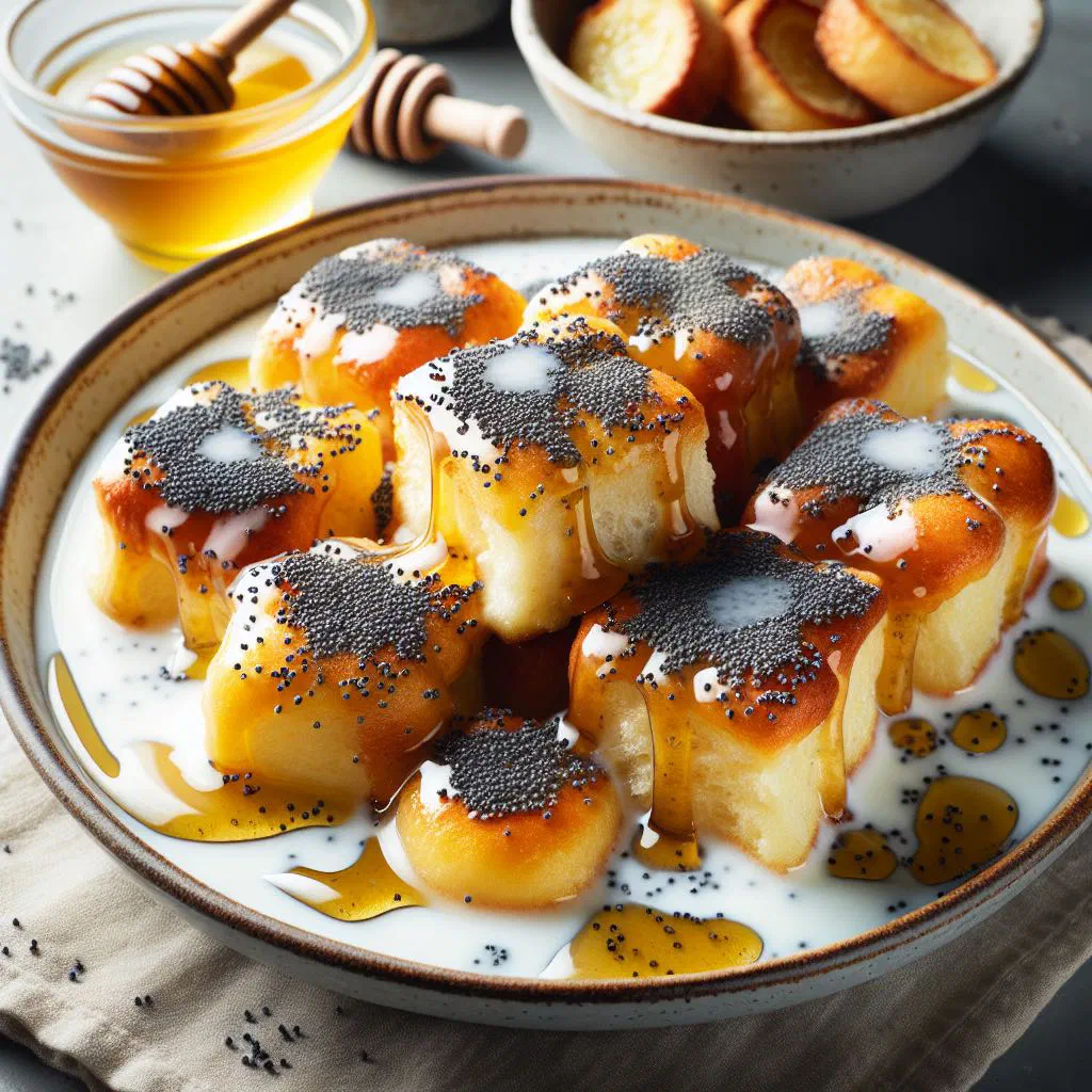Baked Mákos guba with ground poppy seeds and a dusting of icing sugar