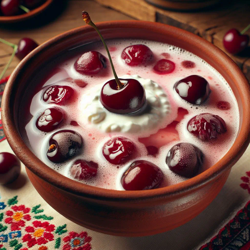 Chilled Hungarian sour cherry soup in a bowl with fresh mint
