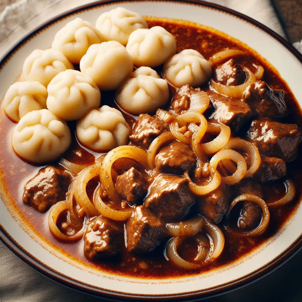 Hungarian pörkölt stew with paprika sauce served with small egg dumplings