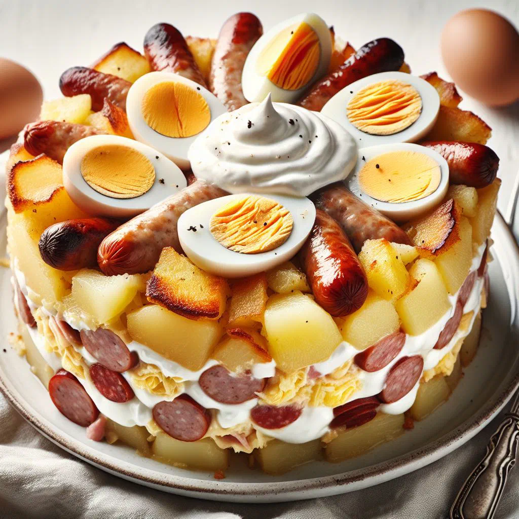 Layered Hungarian potato bake with sausage, egg slices and a golden soured cream topping
