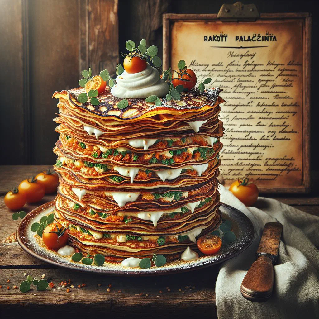 Layered Hungarian pancake bake topped with melted golden cheese