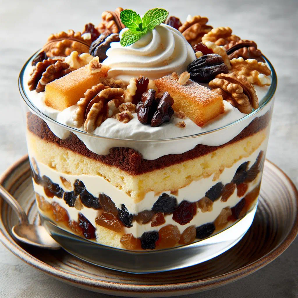 Layered Somlói Galuska with sponge cubes, chocolate sauce and whipped cream