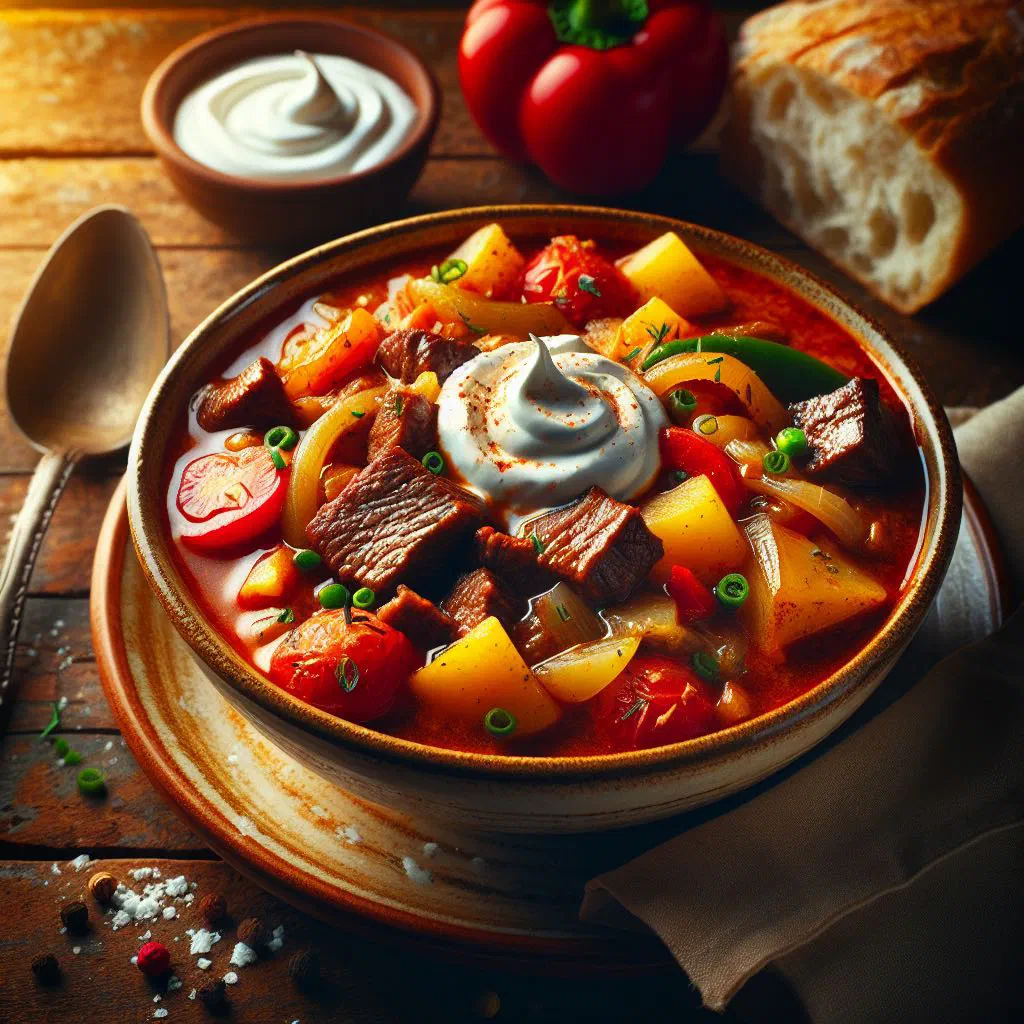Bowl of Hungarian goulash soup topped with a swirl of soured cream