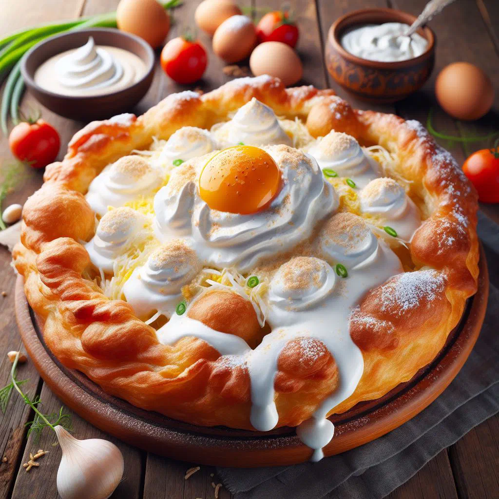 Golden deep-fried lángos topped with sour cream and grated cheese