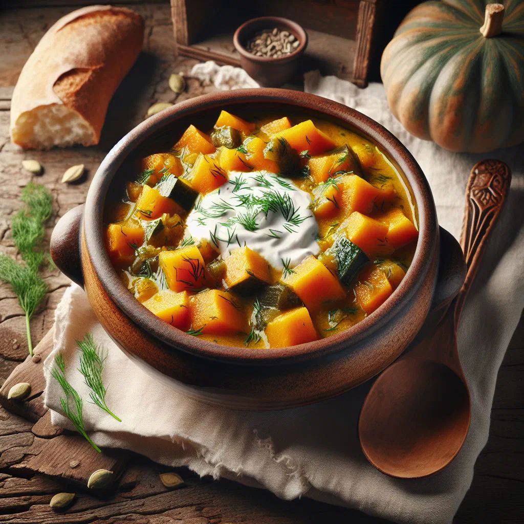 Creamy Hungarian pumpkin tökfőzelék in a bowl with a swirl of soured cream