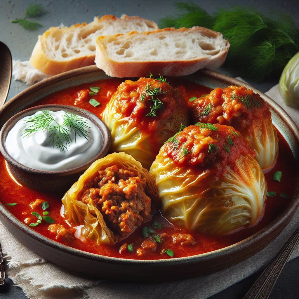 Hungarian stuffed cabbage rolls in tomato sauce with a spoonful of soured cream