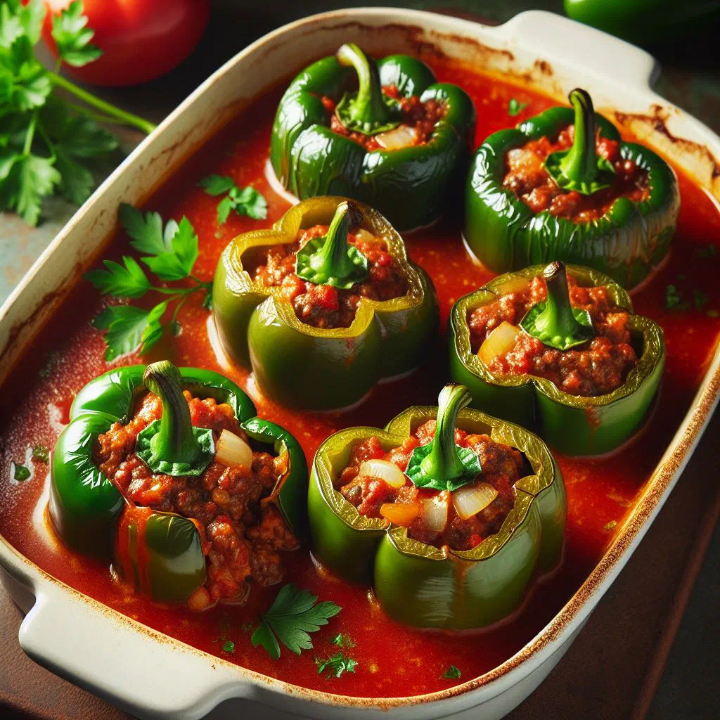 Hungarian stuffed peppers simmering in a rich tomato sauce