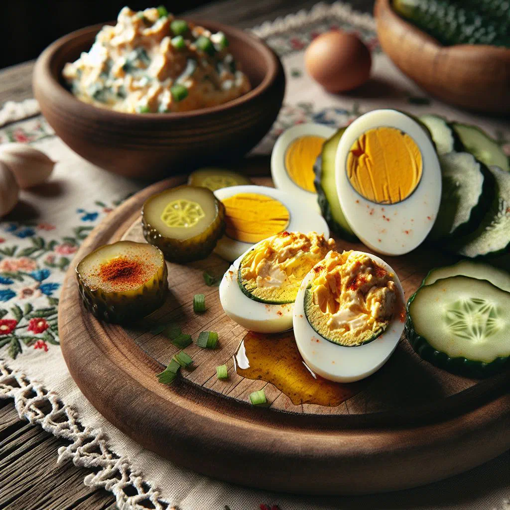 Halved stuffed eggs dusted with paprika and garnished with parsley