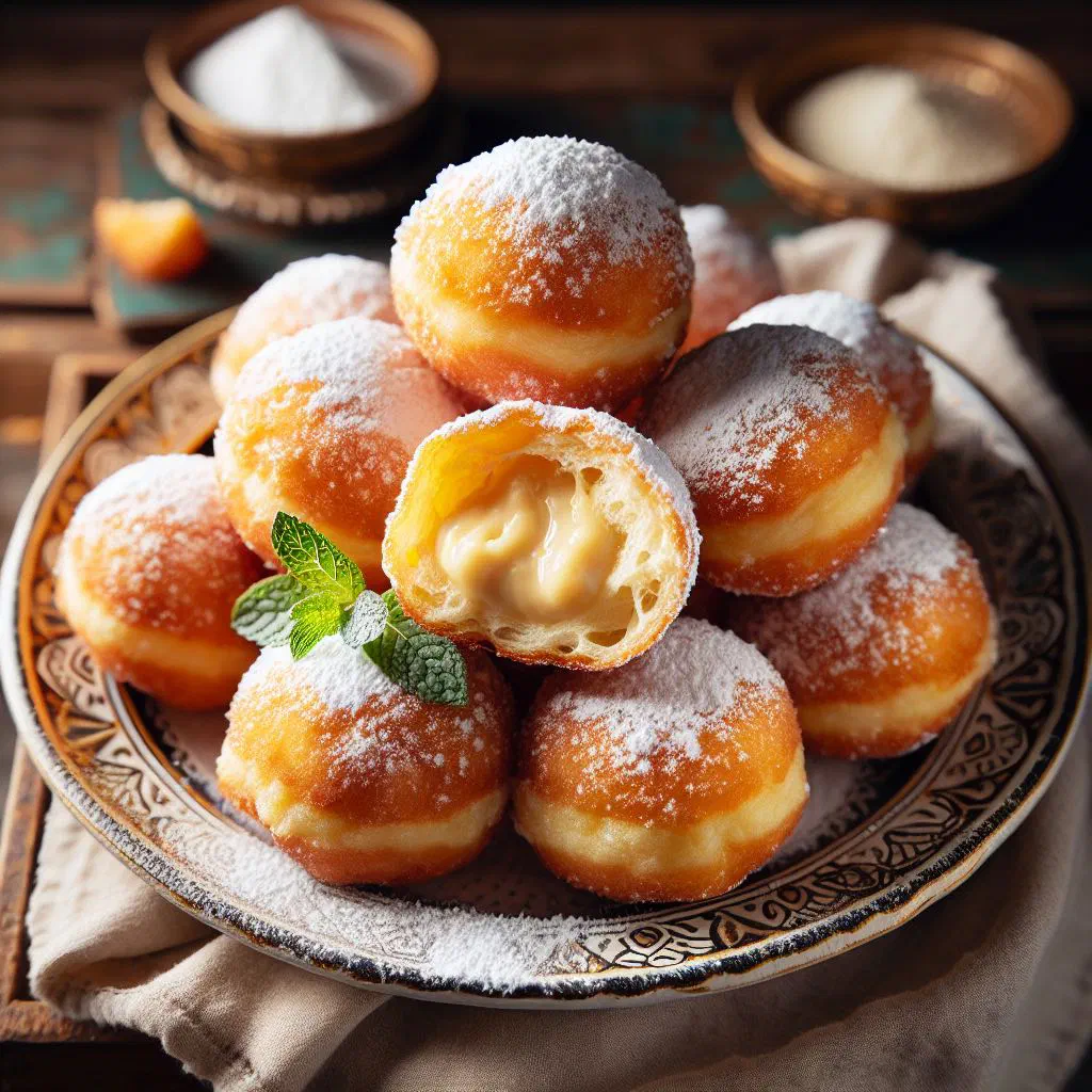 Golden Hungarian curd cheese doughnuts dusted with icing sugar