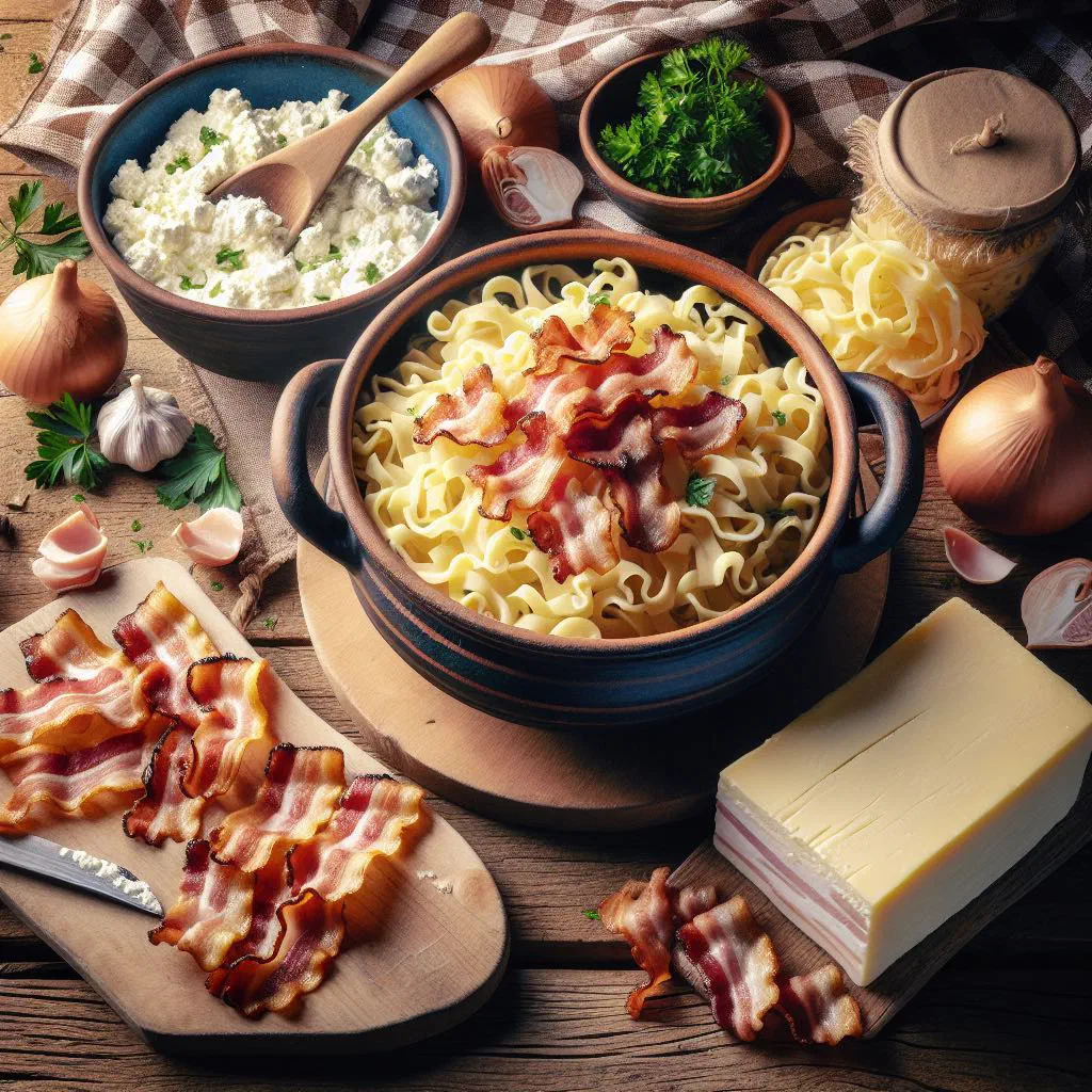 Túrós csusza — wide egg noodles with curd cheese, soured cream and crisp bacon