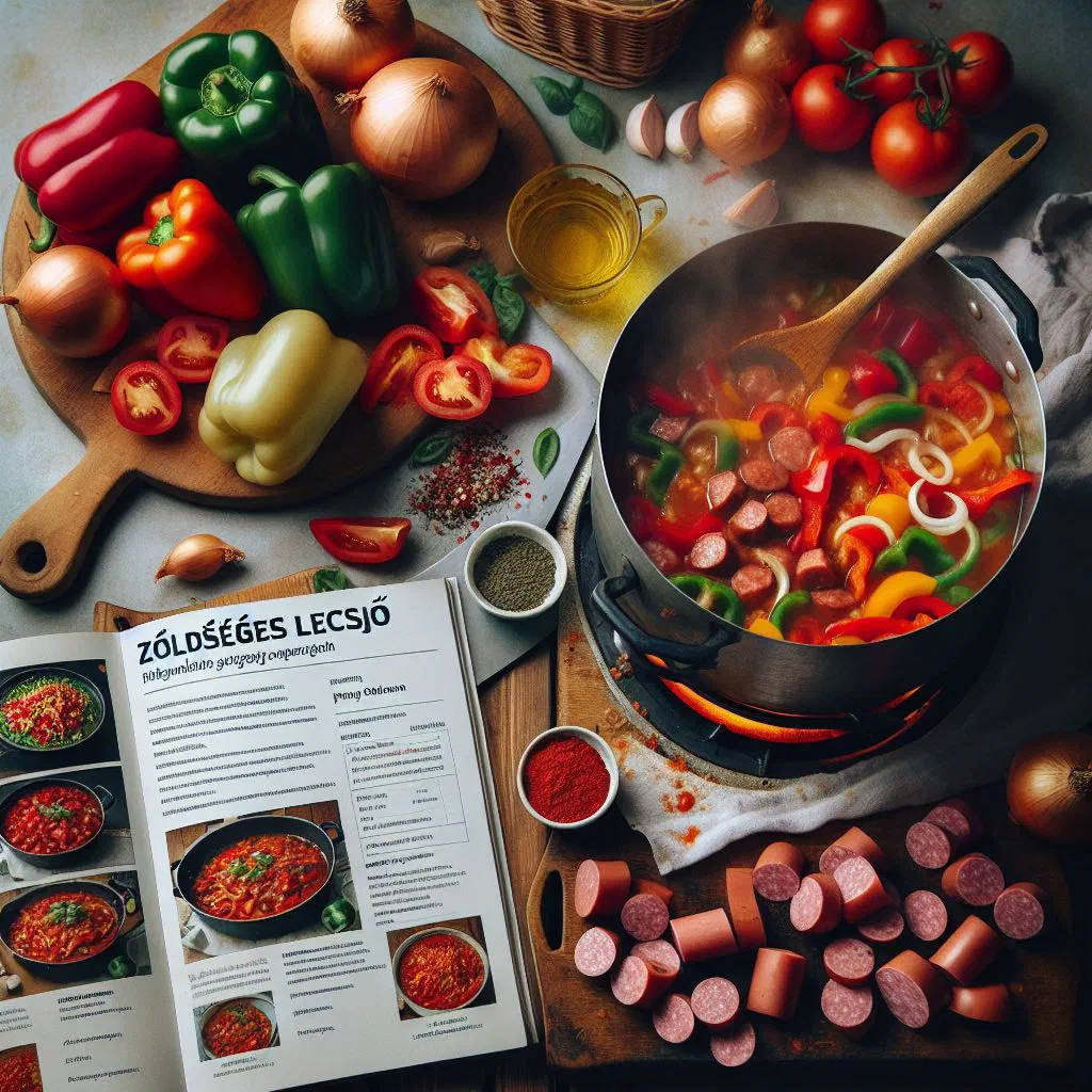 Hungarian vegetable lecsó with peppers, tomatoes and onions in a pan