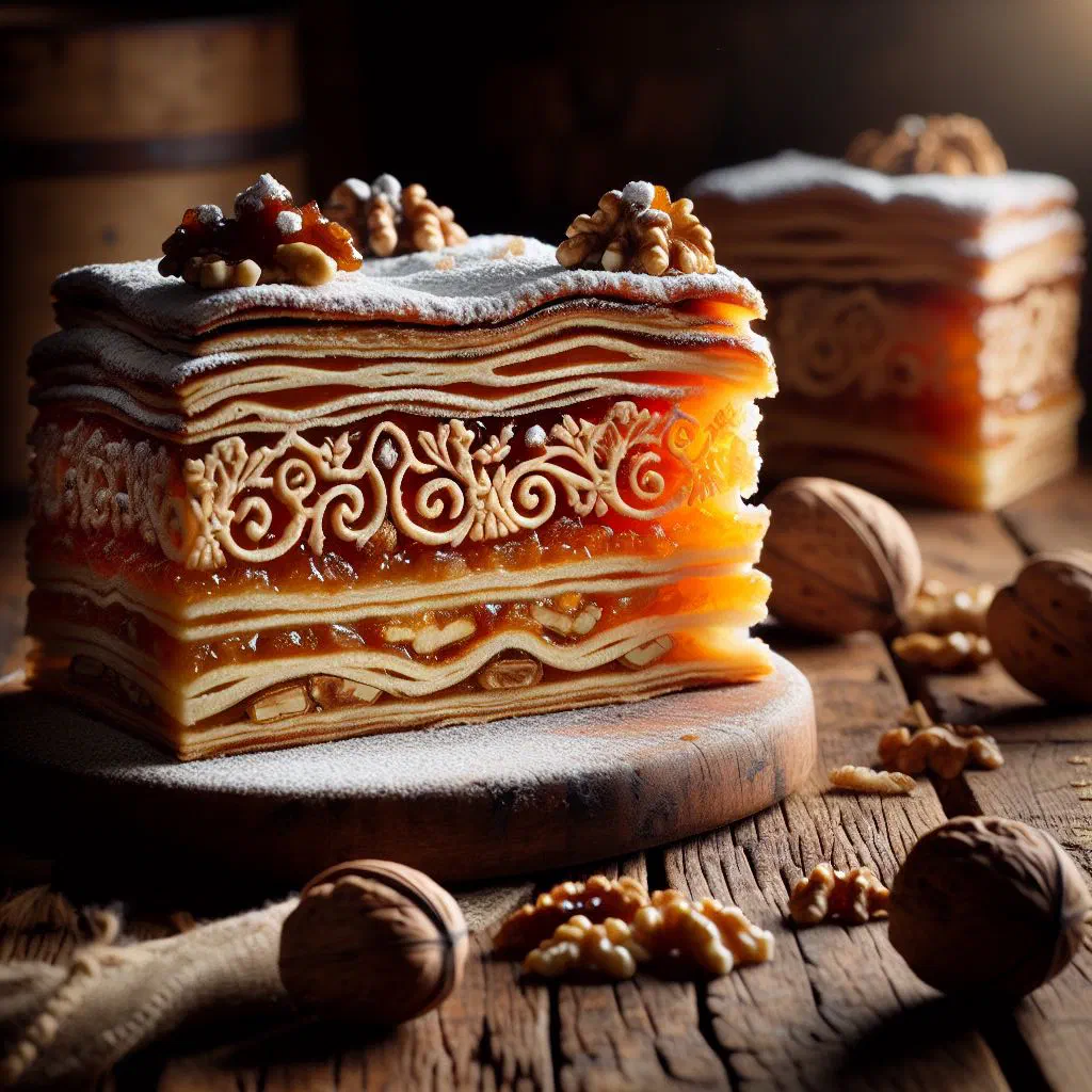 Squares of Hungarian Zserbó layer cake with walnut filling and dark chocolate topping