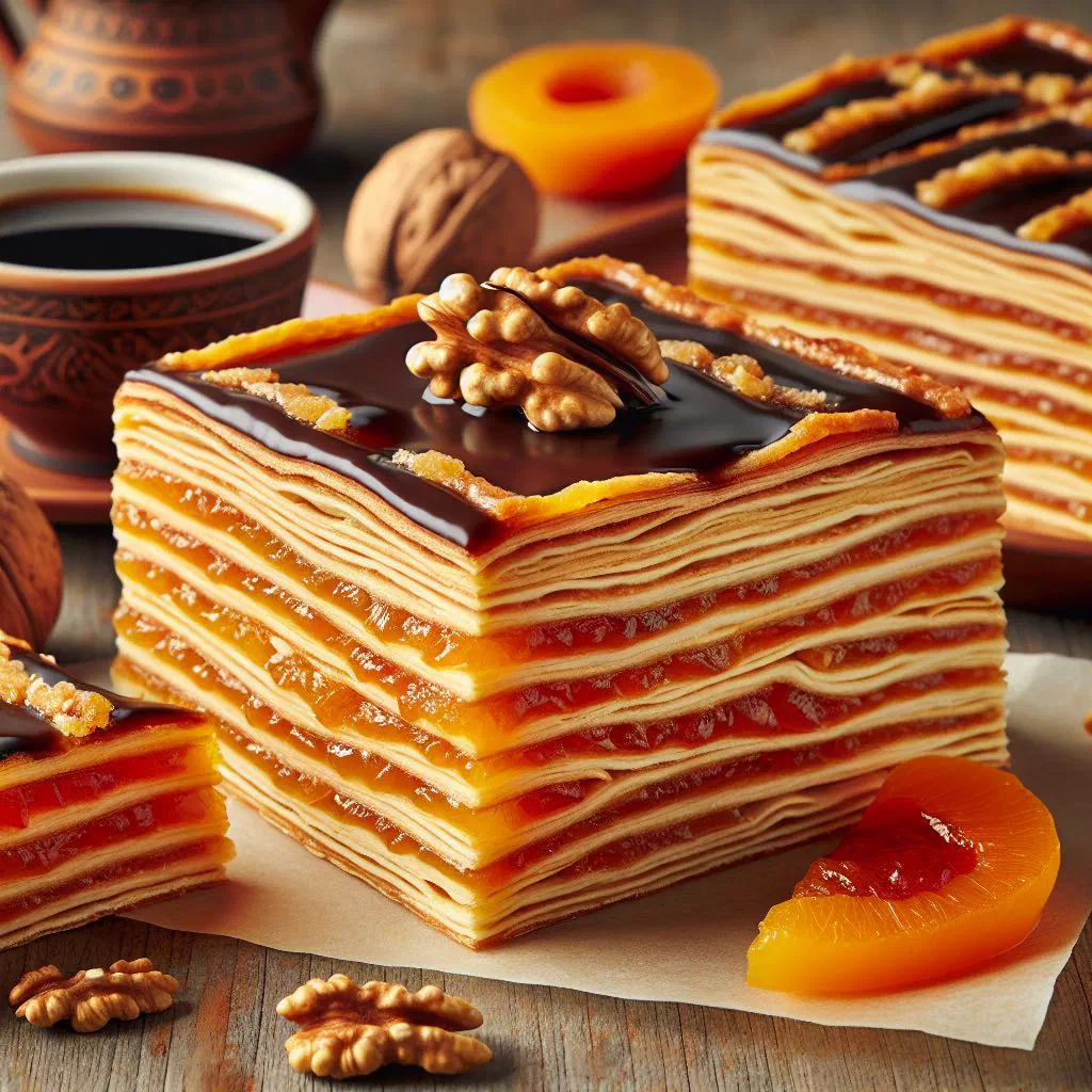 Layered Zserbó szelet slices with walnut filling and dark chocolate glaze