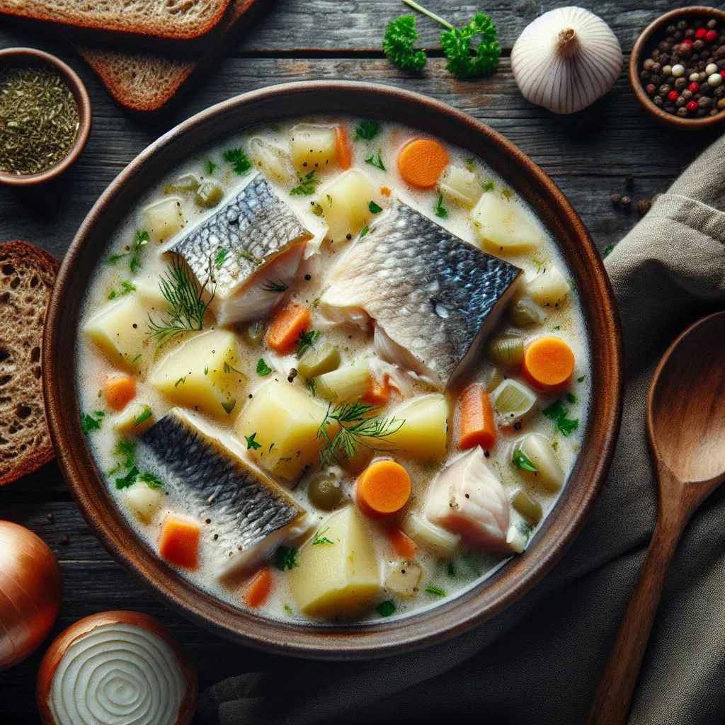 Creamy Icelandic fish soup with vegetables and fresh dill in a deep bowl