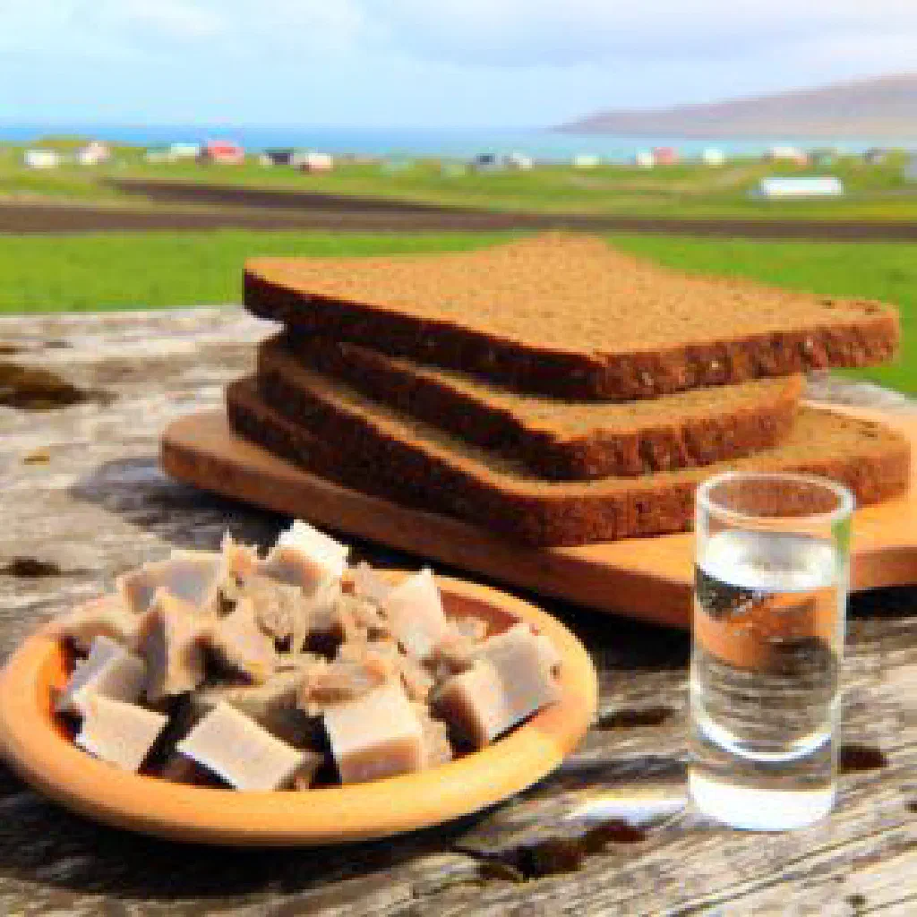 Cubes of fermented Icelandic shark served on a rustic wooden board