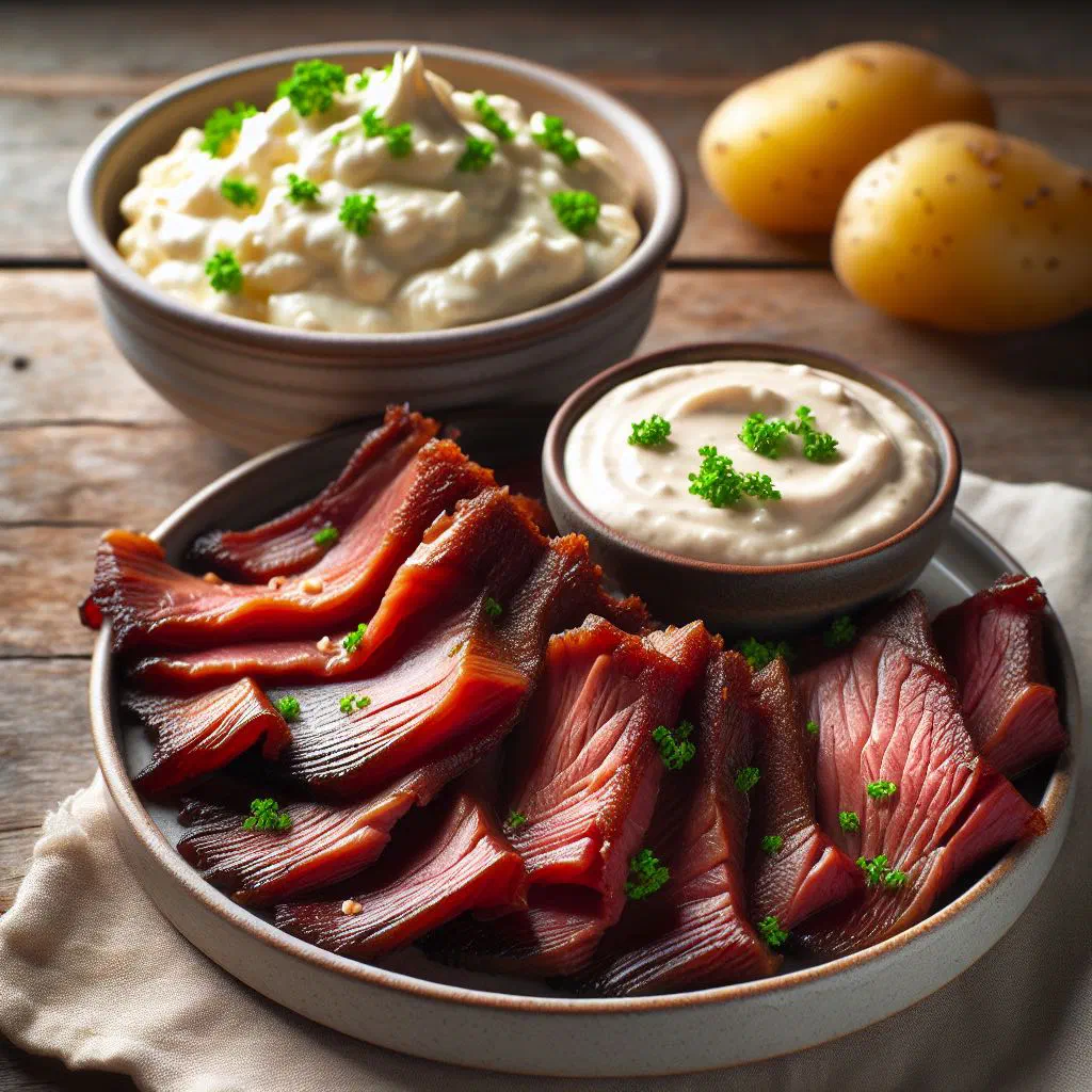 Sliced smoked lamb with creamy dill potatoes on a rustic plate