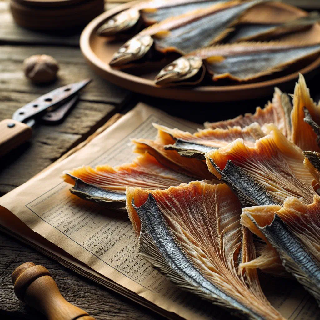 Strips of Icelandic dried fish harðfiskur served on a wooden board