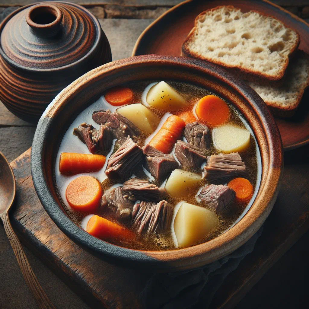 Bowl of Icelandic lamb soup with potatoes, carrots and fresh herbs